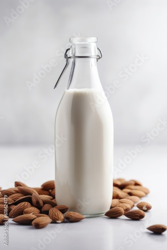 Vegan lactose free almond milk in glass bottle with almonds. 