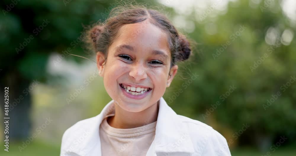 Child, face and girl laughing outdoor in a garden, park or green environment for fun and happiness. Portrait of a young female latino kid with a positive mindset, cute smile and nature to relax Child, face and girl laughing outdoor in a garden, park or green environment for fun and happiness. Portrait of a young female latino kid with a positive mindset, cute smile and nature to relax