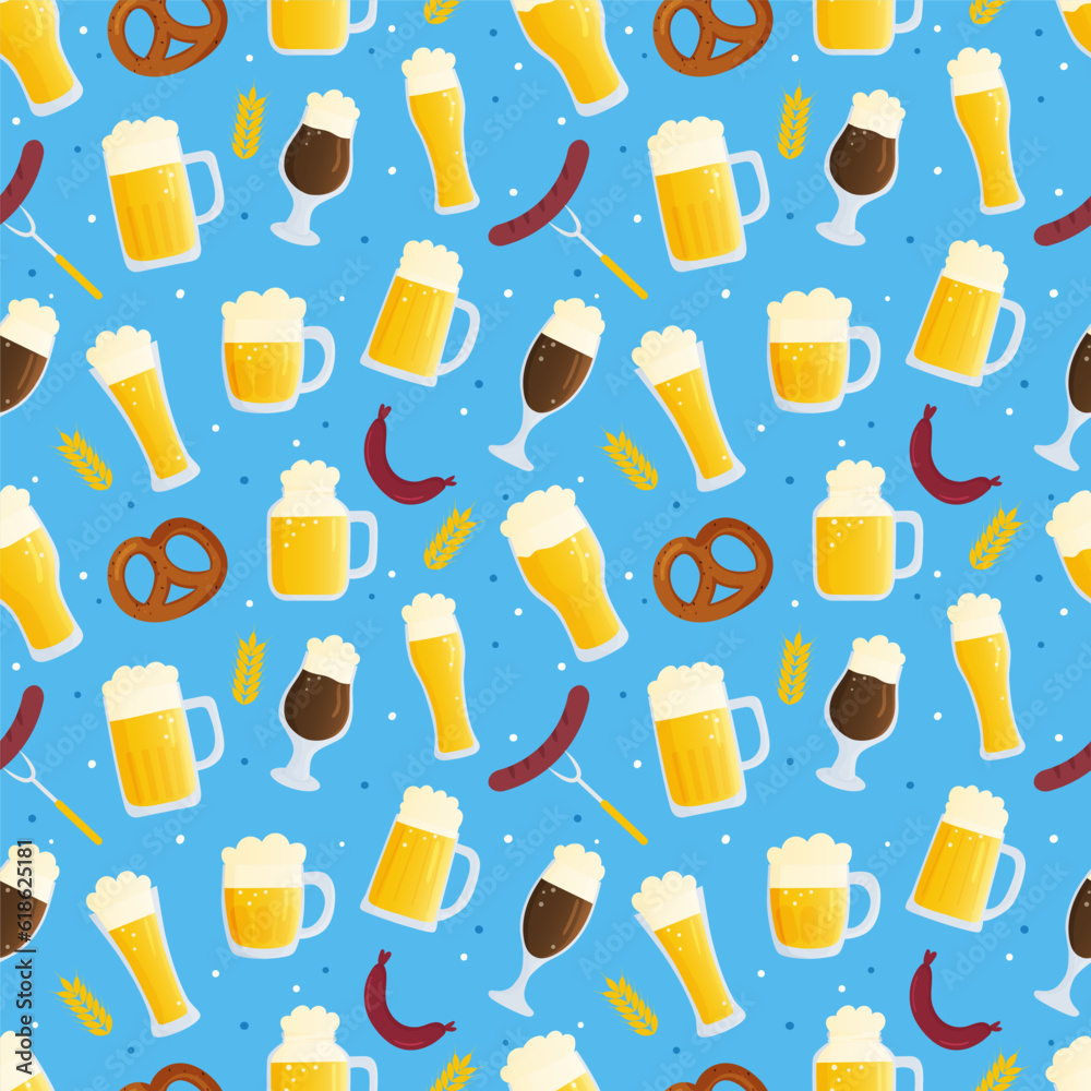 Vector seamless pattern for Oktoberfest. Autumn beer festival illustration. Beer mugs on blue background with traditional colors flags. Backdrop for wallpaper, print, textile, fabric, wrapping Vector seamless pattern for Oktoberfest. Autumn beer festival illustration. Beer mugs on blue background with traditional colors flags. Backdrop for wallpaper, print, textile, fabric, wrapping