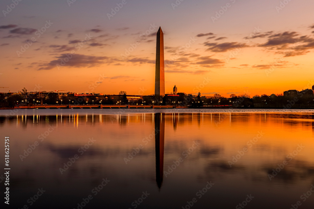 Panoramic sunrise at Washington Monument and Old Post Office Tower, Washington DC, USA	