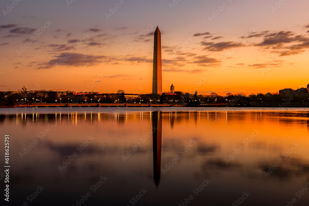 Panoramic sunrise at Washington Monument and Old Post Office Tower, Washington DC, USA Panoramic sunrise at Washington Monument and Old Post Office Tower, Washington DC, USA
