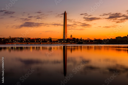 Panoramic sunrise at Washington Monument and Old Post Office Tower, Washington DC, USA	 (ID: 618625751)