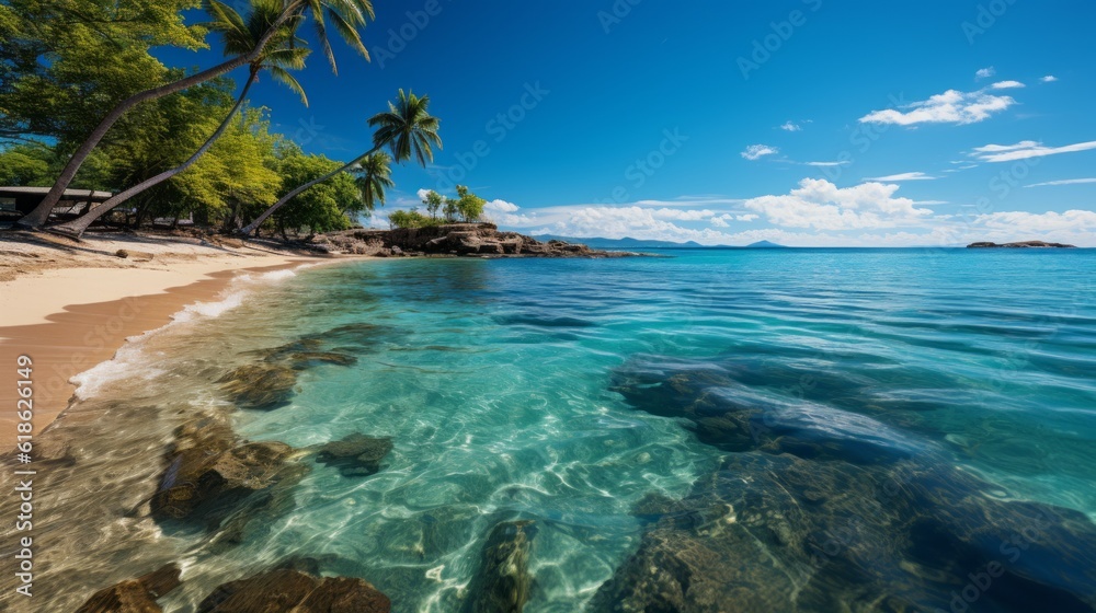 idyllic tropical landscape poster of beach and palm trees