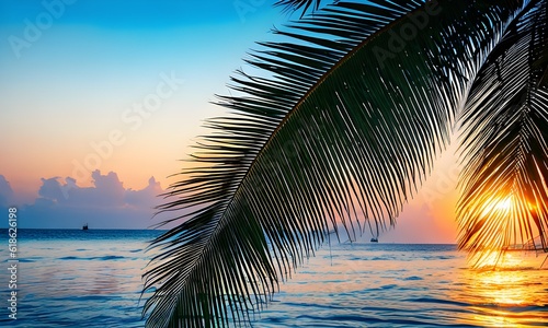 palm branch against the background of the sea and the sun, Generative AI, Generative, AI