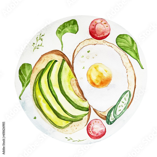 watercolor tomorrow with fried egg, avocado, cucumber, spinach leaves and tomatoes