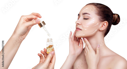Cosmetics serum near face of young woman with lifting arrows. photo