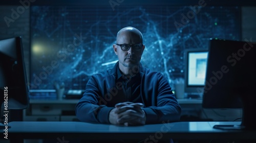 An undercover agent serious man in the lab is developing a secret innovative product. Generative Ai technology.