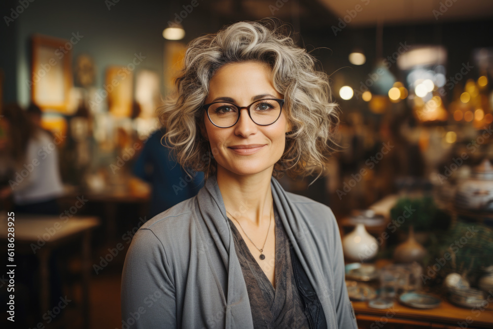 Portrait of a smiling woman with grey hair, small business owner in her furniture store Portrait of a smiling woman with grey hair, small business owner in her furniture store