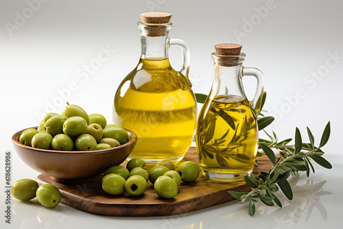 Olive brunch or twig with oil bottle i on light background. Generative Ai