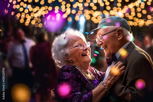 Happy old couple is dancing together on evening party