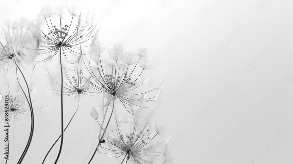 Dandelion flowers with fluffy seeds. Dandelion field. Generative AI. Illustration for cover, card, postcard, interior design, decor, packaging, invitations or print.