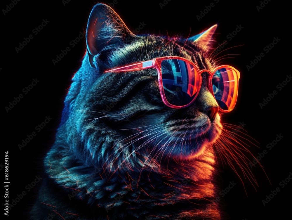 Stylish cat posing in sunglasses. Close portrait of furry kitty in