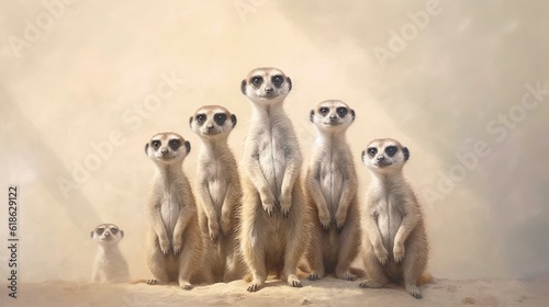 A group of meerkats standing tall and watching for danger. Generative AI. Illustration for cover, card, postcard, interior design, decor, packaging, invitations or print.