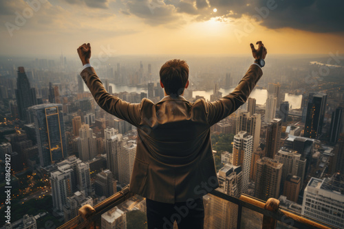 Successful businessman raising his arms like a winner standing on roof of office building with city view. Concept of business success and victory. 