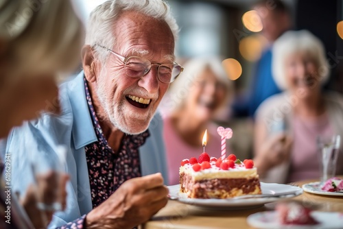 Smiling elderly person celebrating birthday with cake. Generative Ai