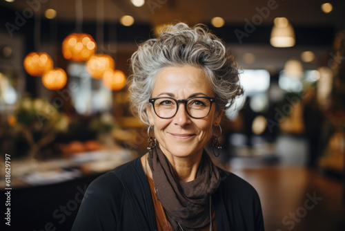  Portrait of a smiling woman with grey hair, small business owner in her furniture store