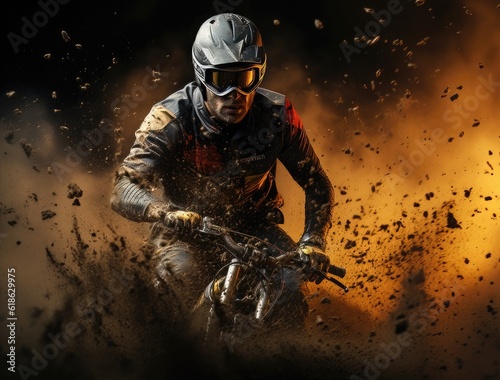 Mountain bike rider on the race on a dark background with dirty and dust