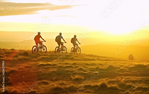 Cyclists in the mountains at sunset. Sport and active life concept © lebanmax