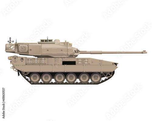 Main battle tank in realistic style. Armored fighting vehicle. Special combat military transport. Detailed colorful PNG illustration .