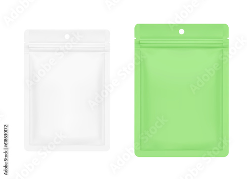 Realistic pouch bag mockup with hole and zip bag. Vector illustration isolated on white background. Front view. Can be use for template your design, presentation, promo, ad. EPS10.