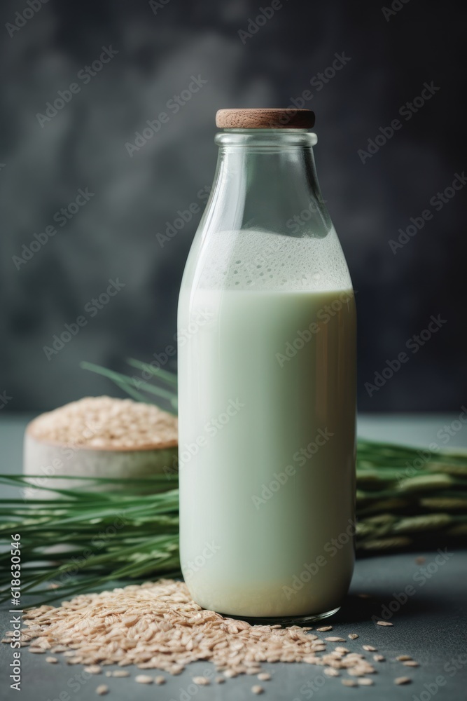Vegan lactose free oat milk in glass bottle with oat flakes cereal and grass. Vegan lactose free oat milk in glass bottle with oat flakes cereal and grass.
