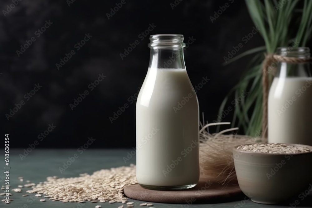 Vegan lactose free oat milk in glass bottle with oat flakes cereal and grass. Vegan lactose free oat milk in glass bottle with oat flakes cereal and grass.