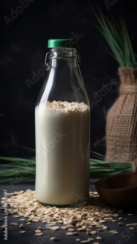 Vegan lactose free oat milk in glass bottle with oat flakes cereal and grass. 