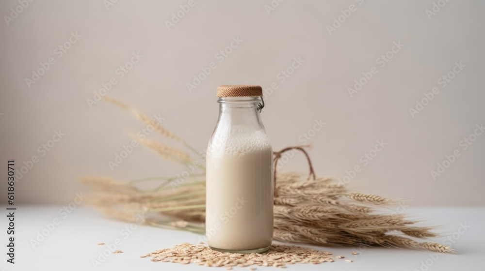 Vegan lactose free oat milk in glass bottle with oat flakes cereal and grass. 