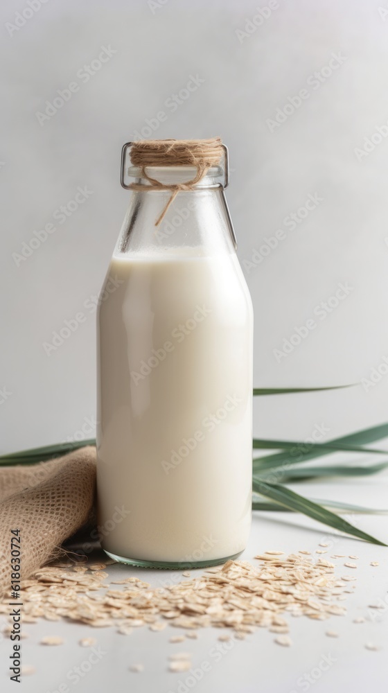 Vegan lactose free oat milk in glass bottle with oat flakes cereal and grass. Vegan lactose free oat milk in glass bottle with oat flakes cereal and grass.