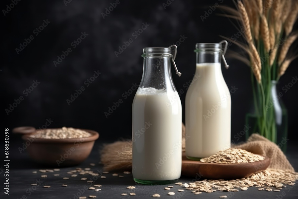 Vegan lactose free oat milk in glass bottle with oat flakes cereal and grass. Vegan lactose free oat milk in glass bottle with oat flakes cereal and grass.