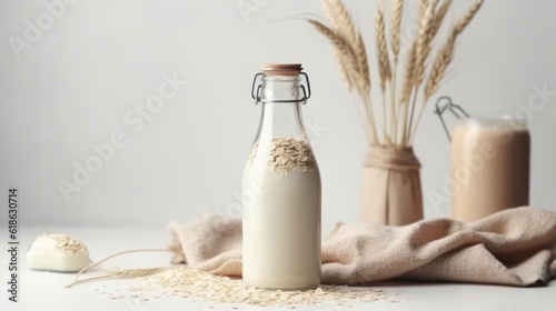 Vegan lactose free oat milk in glass bottle with oat flakes cereal and grass. 