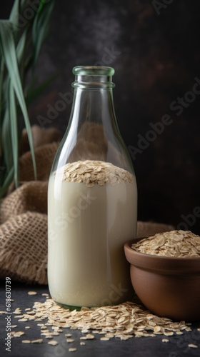 Vegan lactose free oat milk in glass bottle with oat flakes cereal and grass. 