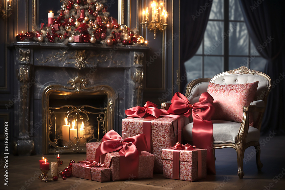 Christmas decoration and craft gift boxes with red bows in antique interior. Generative AI