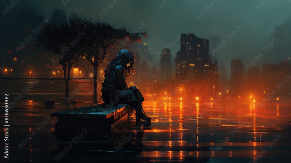 girl sitting on a bench in the city in the rain at night - loneliness and depression - bad mental health - generative ai