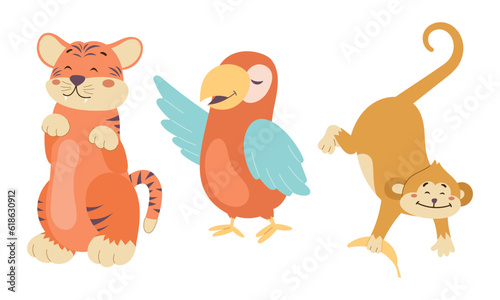 Cute baby tropical animals. Cartoon tiger cub, parrot and monkey. Set of wild inhabitants of the jungle.