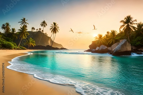 Beach with palm trees at sunset