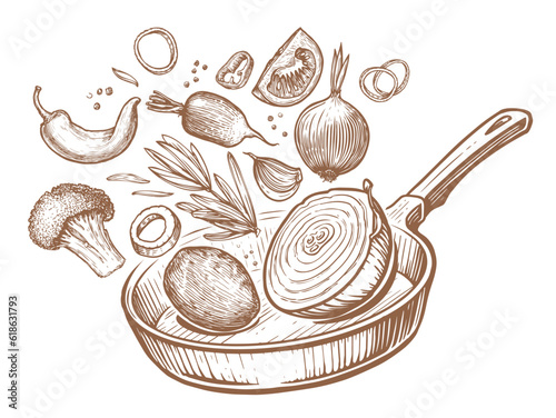 Vegetables falling into frying pan. Healthy eating, vegetarian food. Home kitchen sketch vector illustration