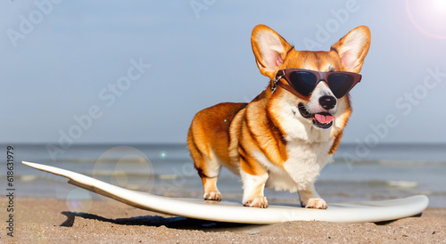 Foto beautiful but with glasses on a surfboard in high resolution