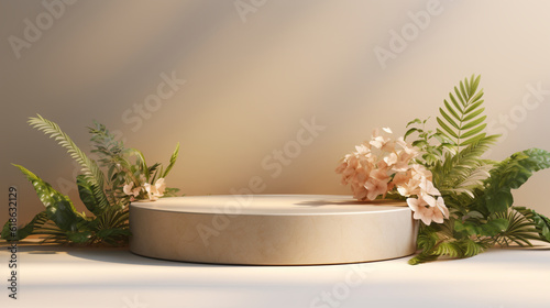 Round Podium With Flowers and Plants In Minimal Composition For Product Presentation, Beige Wall, Natural Lighting. 3D Render Illustration, Generative AI. © Studio Murmur