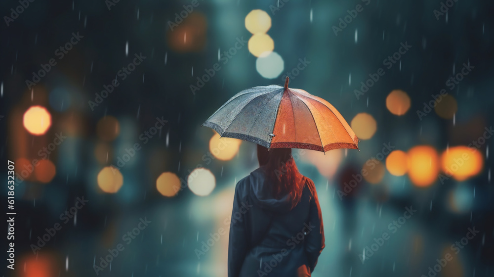 Young woman with an umbrella walking in the rain and a blurred, bokeh effect background. Generative ai.