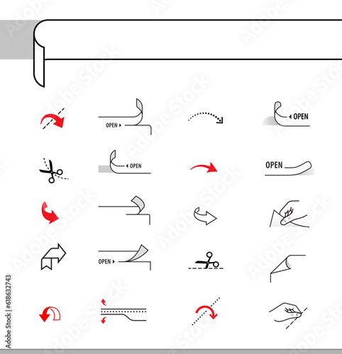 A set of icons for custom instructions for opening and closing a package. Package set, shows place for attention. EPS10.