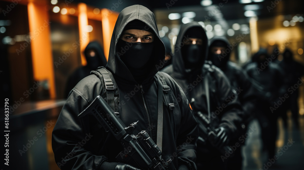 Group of masked burglar with assault rifle bank robbery. Generative AI. Group of masked burglar with assault rifle bank robbery. Generative AI.