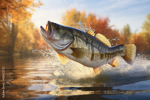 Largemouth Splashing Out of Lake Fall created with Generative AI Technology, ai, generative