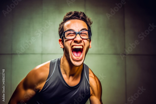 The satisfying moment when a racquetball player makes a winning shot, the intense joy evident in their wide grin photo