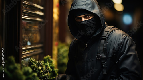 Burglar in a black mask entering a shop at night. Generative AI.