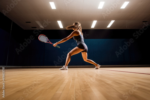 The precise moment a racquetball ricochets off the court wall, a scene full of potential energy just before the dynamics of the game change photo