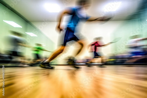 An action-packed scene of a racquetball game, the players moving so fast they're just a blur against the backdrop of the vivid court © aicandy