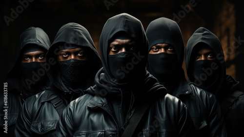 Group of black mafia people gang members wearing balaclava and looking at camera. Generative AI.