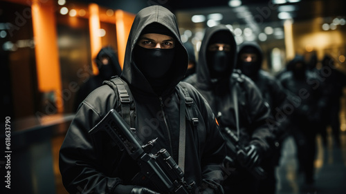 Group of masked burglar with assault rifle bank robbery. Generative AI.