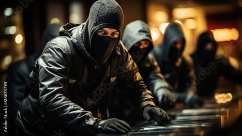 Fotografia Groupo of men in a masks robbing a bank. Generative AI.